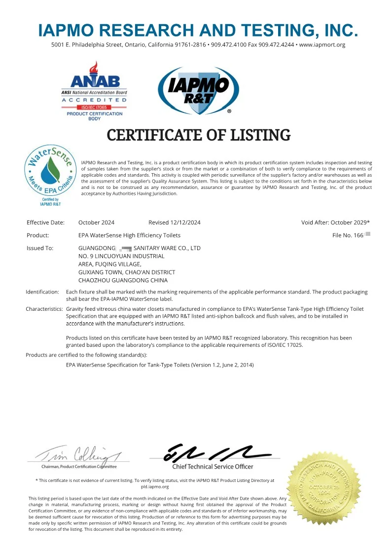 WaterSense certificate held by KIDOIR