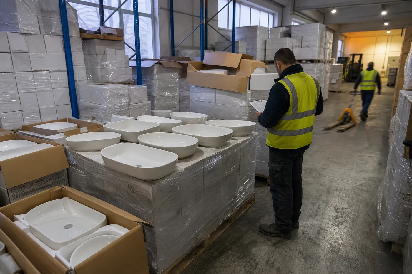 Cartons of ceramic basins at a Polish distributor warehouse, supplied by KIDOIR