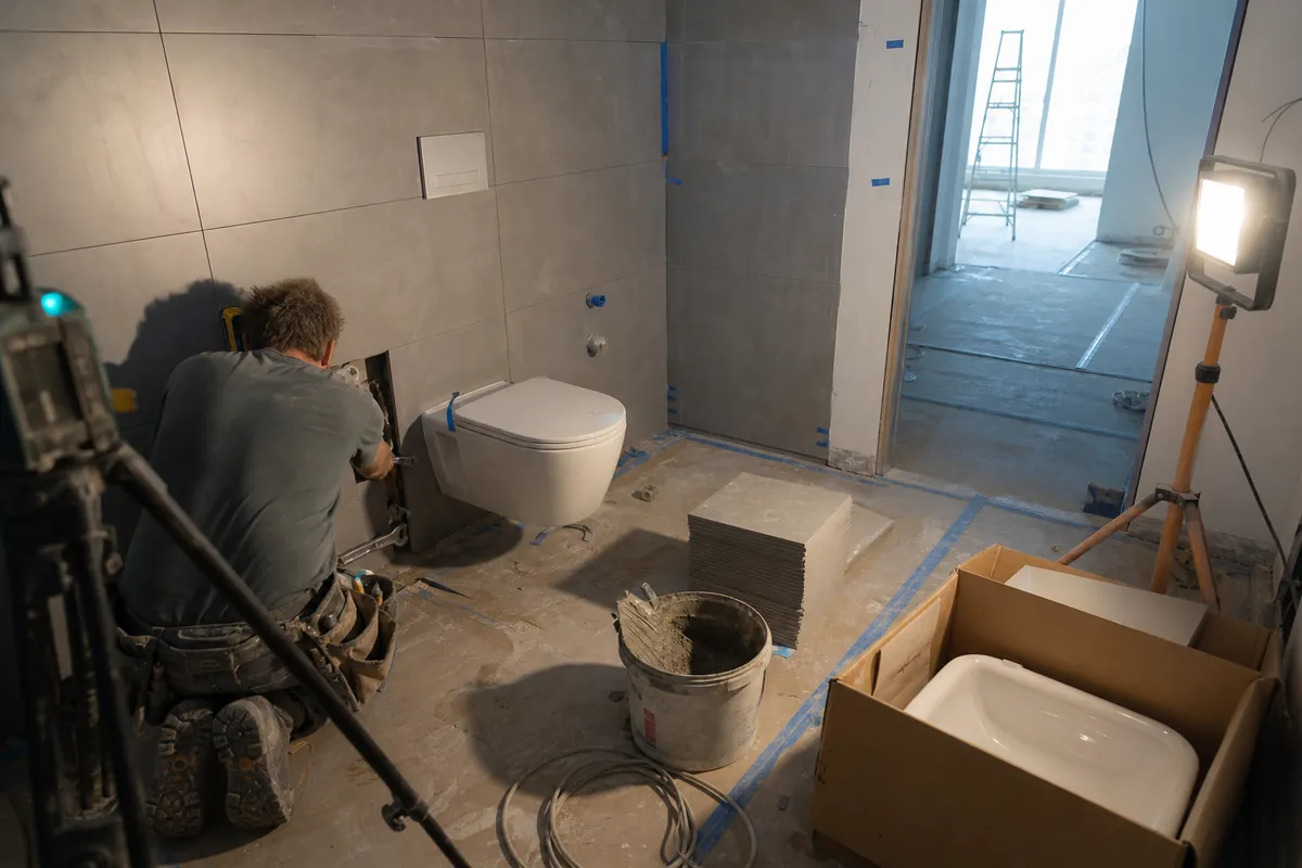 Apartment bathroom installation on a KIDOIR supply package